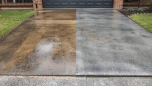Concrete driveway before and after professional high pressure cleaning in Perth