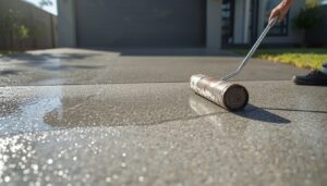 Freshly sealed concrete driveway after pressure cleaning